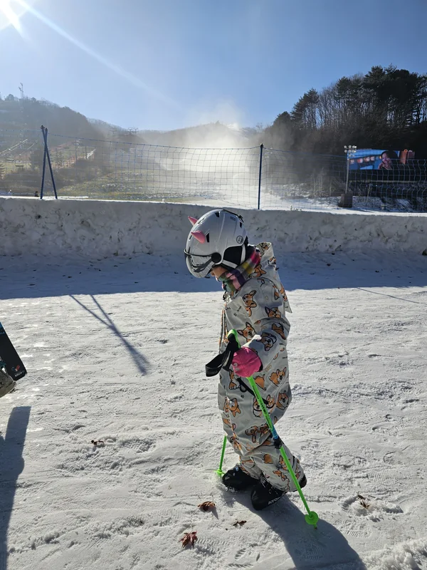 스키와 폴을 착용하고 슬로프 위에 서 있는 어린이